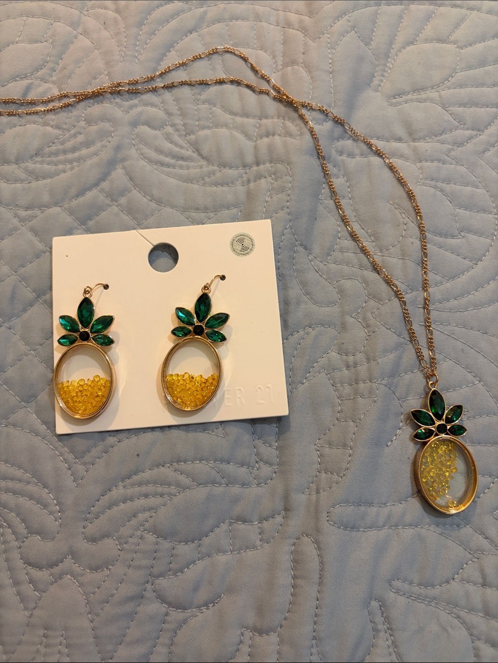 Forever 21 Gold-Tone Necklace and Earrings Set with Green and Yellow Accents
